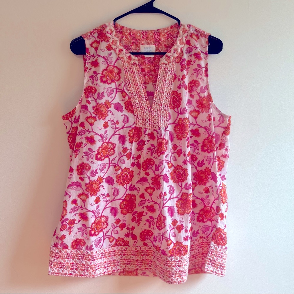 Sigrid Olsen pink floral sleeveless top size large